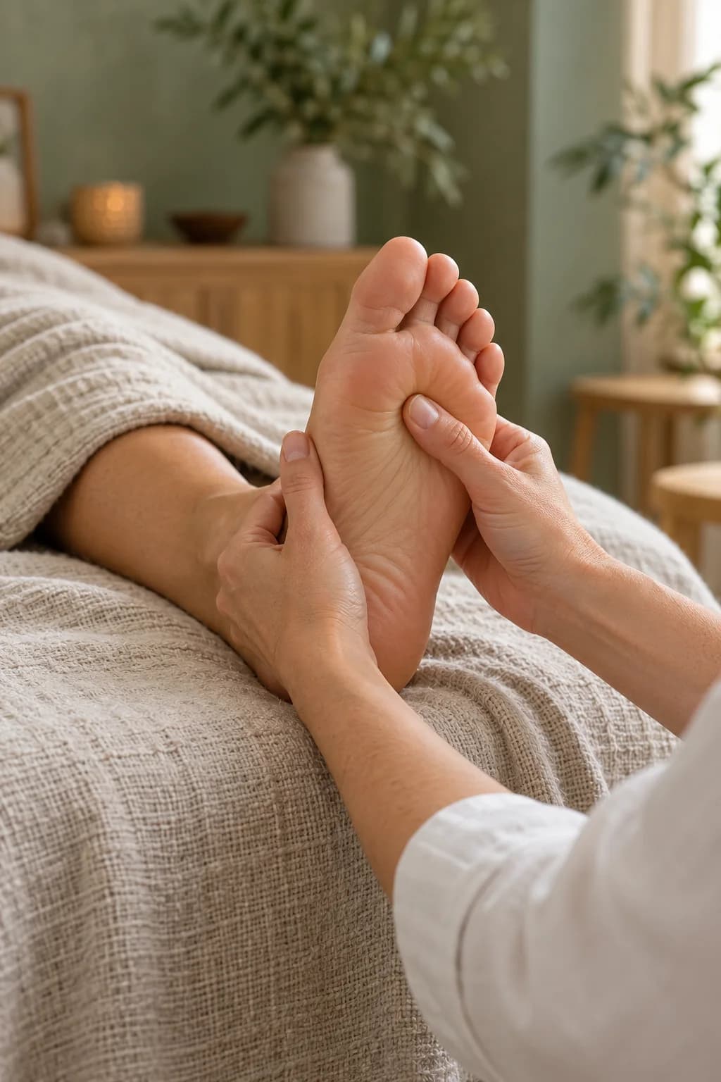 Gestes de réflexologie plantaire réalisés sur un pied